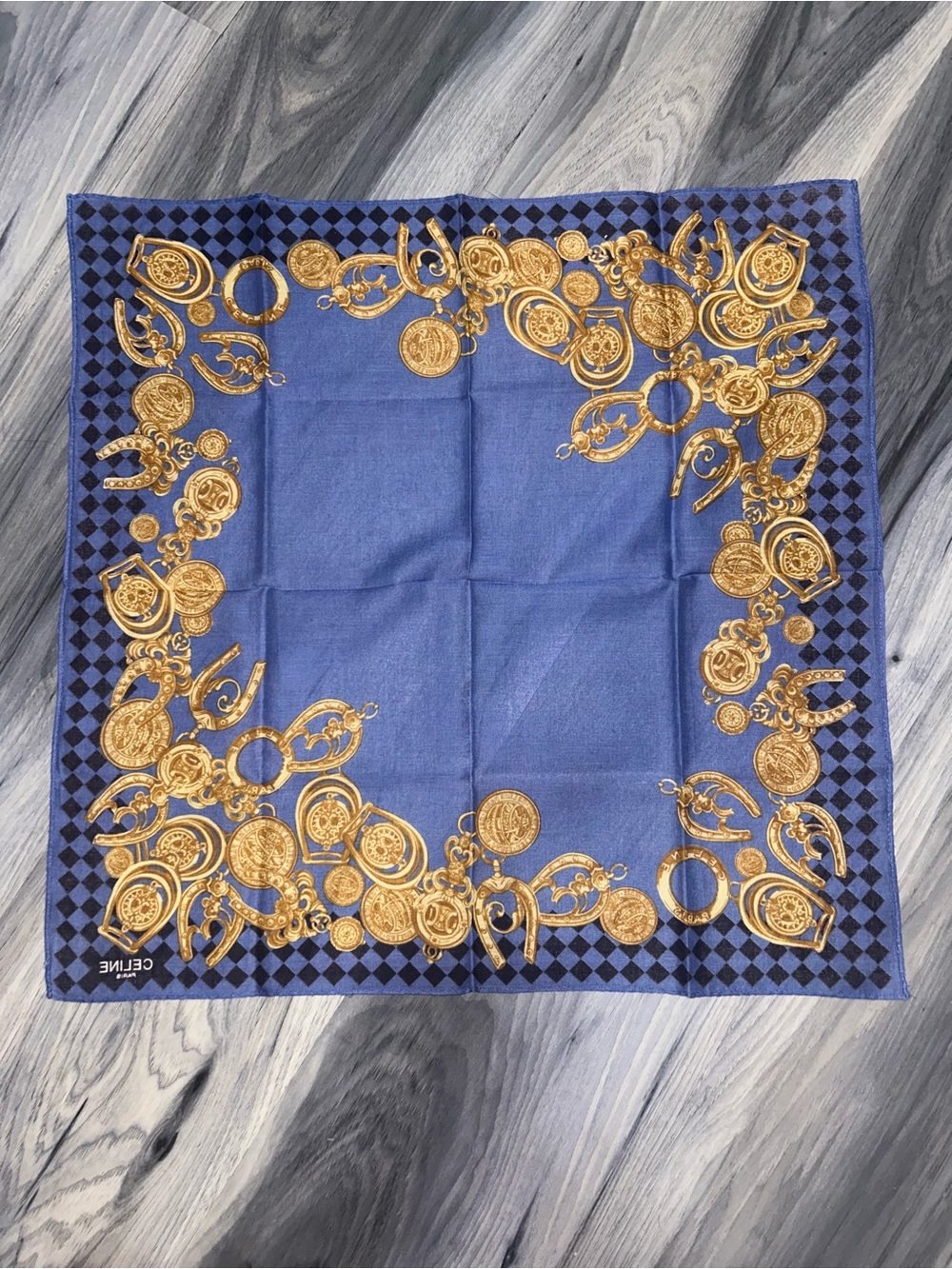 Vintage Celine Blue Cotton Handkerchief with Gold Medallion Design - Picture 9 of 11